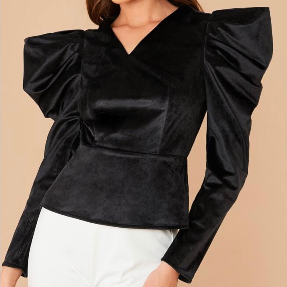 V-neck Gigot Sleeve Velvet Blouse